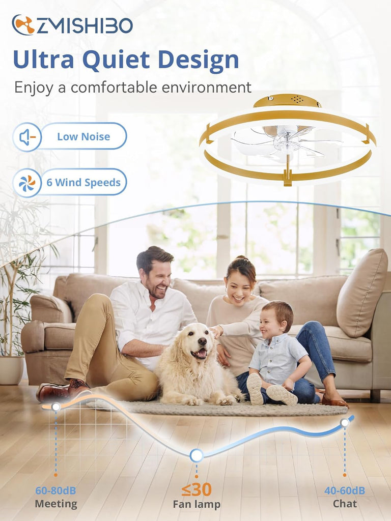 Ceiling Fans with Lights and Remote, 19.7'' Low Profile Ceiling Fan, 3000-6000K Dimmable Modern Flush Mount LED Fan Light, 6 Wind Speeds, Gold Fandelier Ceiling Fans for Bedroom