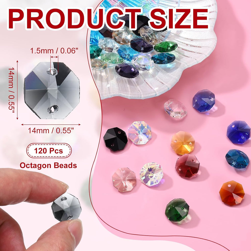 14mm Glass Octagon Beads, Sun Catcher Beads Bulk 2 Hole Sun Catcher Pendants 0.55" & 120 Pcs & Clear Black-Fitting