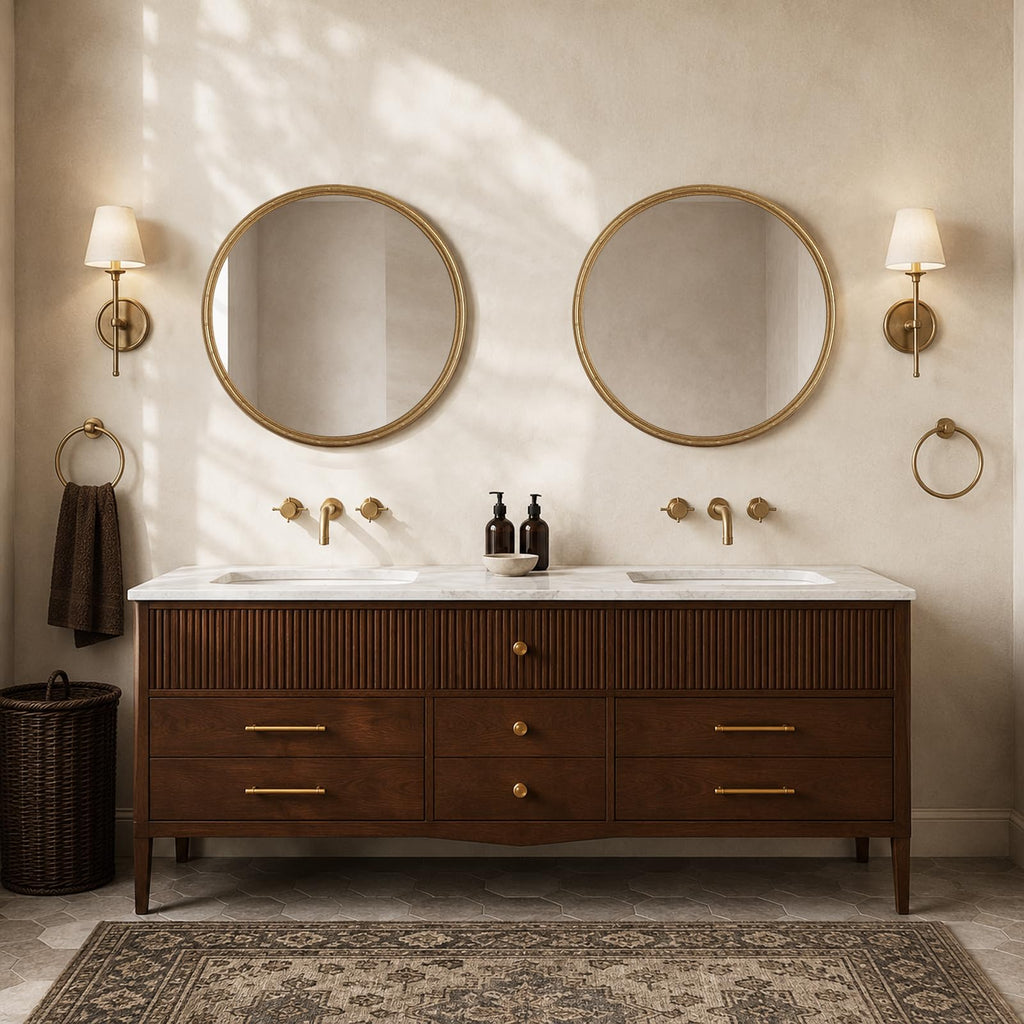 28 Inch Gold Round Wall Mirror, Circle Mirror with Bamboo Texture, Decorative Vanity Mirror