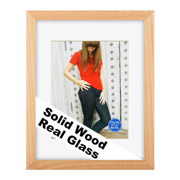 11x14 (8x10 with Mat)Solid Wood Picture Frame Real Glass Cover Natural