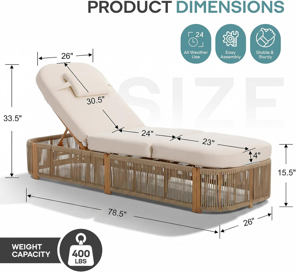 Outdoor Chaise Lounge Chairs, 5-Position Adjustable Patio Reclining Lounge Chairs with Cushion, All-Weather Rope