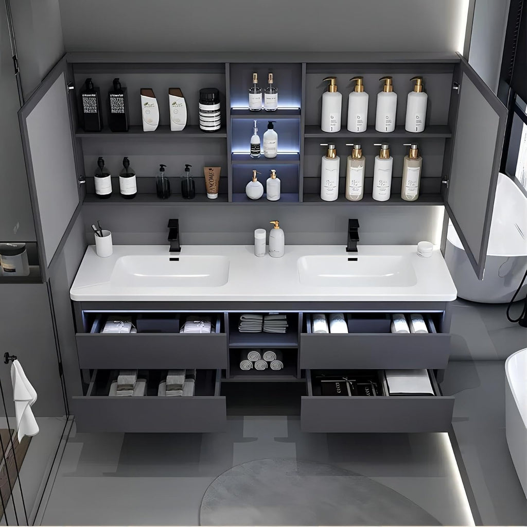 55IN Double Sink Vanity, 4 Drawers, Two LED Smart Touch Mirror Cabinets, Open Center Compartment, Body Sensor Lights