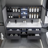 55IN Double Sink Vanity, 4 Drawers, Two LED Smart Touch Mirror Cabinets, Open Center Compartment, Body Sensor Lights