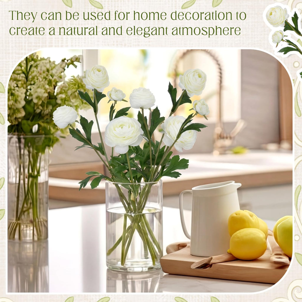 12 Pcs White Artificial Ranunculus Flowers with Stem, 18 Heads