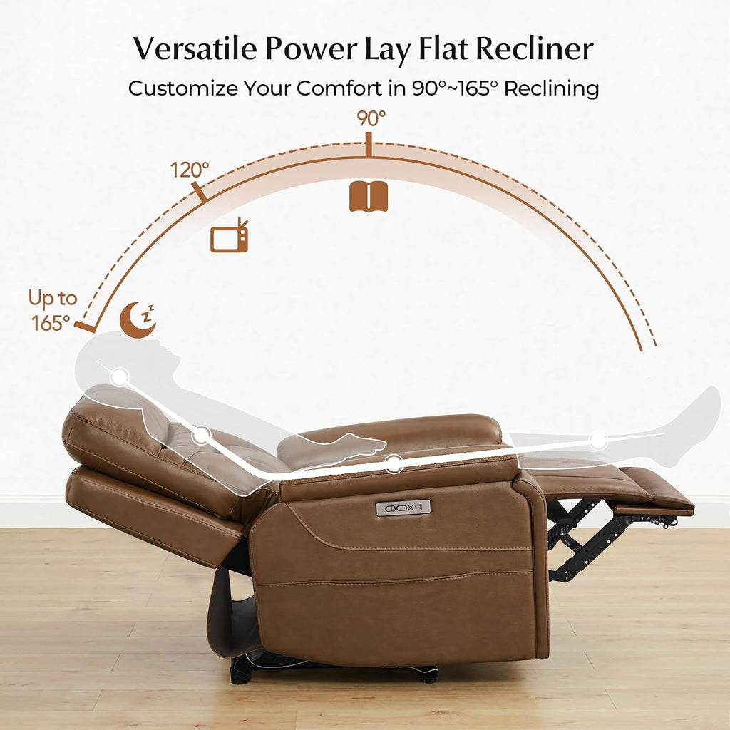 Power Recliner Chair with LED Light, 165° Lay Flat Recliner with USB & Type-C Charging Ports, Genuine Leather