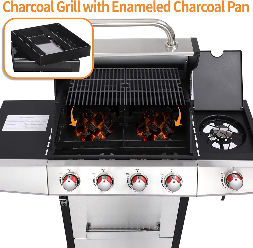 4-Burner Propane Gas Grill with Side Burner, 49,000 BTU BBQ Grill with Cast Iron Grates, Griddle and Charcoal Tray