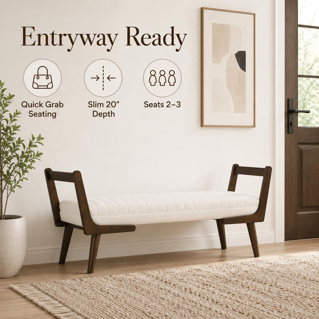 52" Upholstered Bench, Beige Chenille, Walnut Legs | Mid-century modern ottoman with high-resilience foam, sturdy
