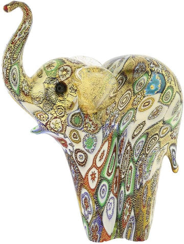 Elephant Collectible Millefiori Figurine Statue 4-1/2" Multicolor. in Italy Statue Blown Glass with 24K Gold Elephant