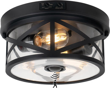 Motion Sensor Outdoor Ceiling Light, Adjustable Black Flush Mount Light Fixture, 2-Light Porch Lights Outdoor