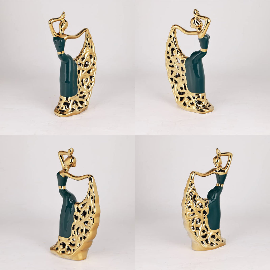 Ceramic Peacock Dancer Statue, Green and Gold Home Decor, Ballerina Sculpture, Peacock Home Decor for Room Corner