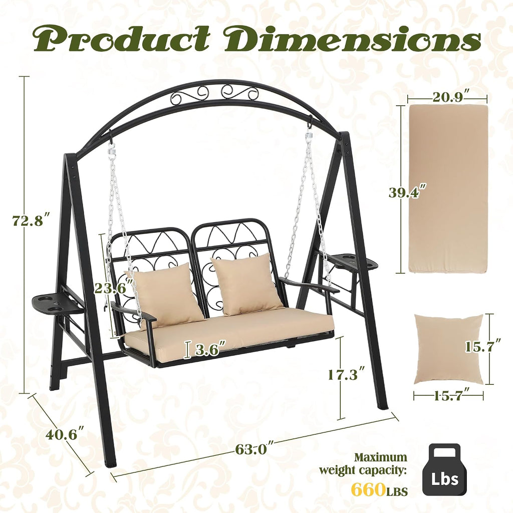 Porch Swing with Stand, 2-Person Metal Patio Swing with Cup Holder | Heavy-Duty Outdoor Swings Chair for adults with