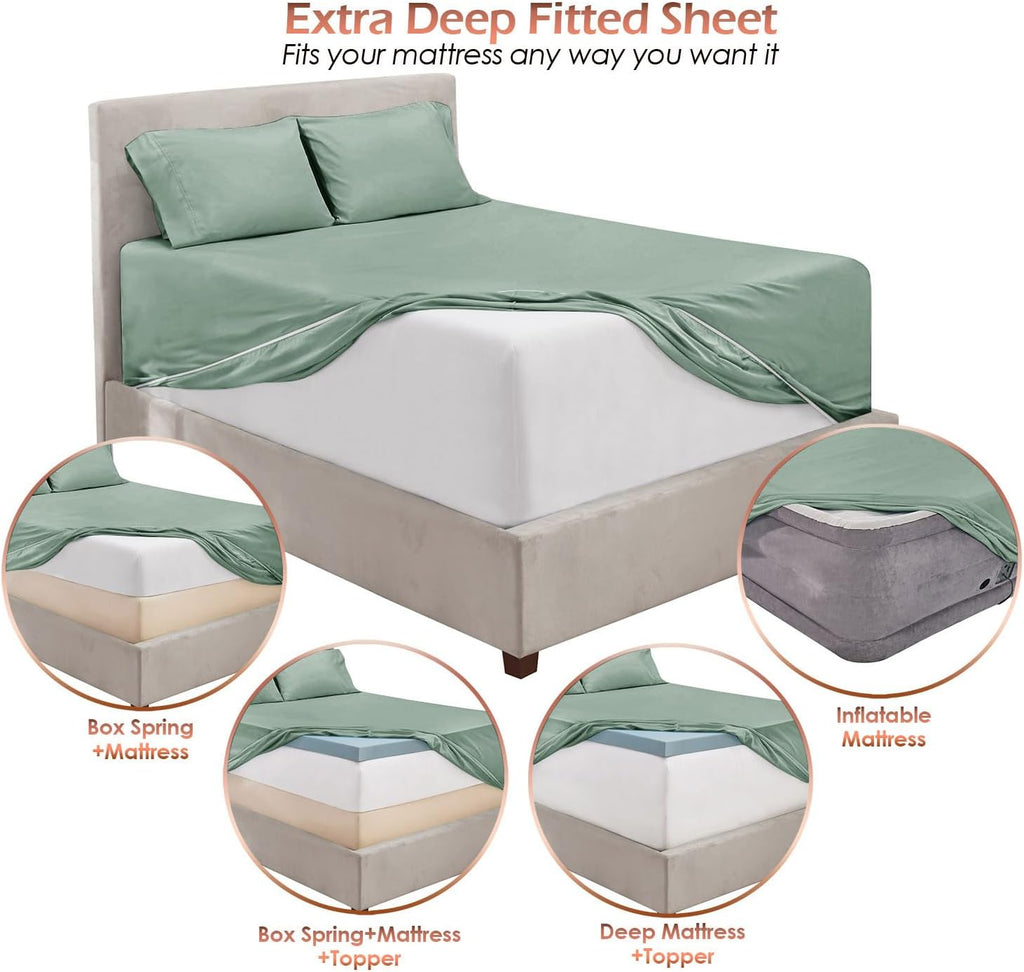 Extra Deep Pocket Sheet Sets, Luxury Soft 6 Piece Bed Sheet Set Fits Mattress 18-24 Inches - Queen, Sage Green New