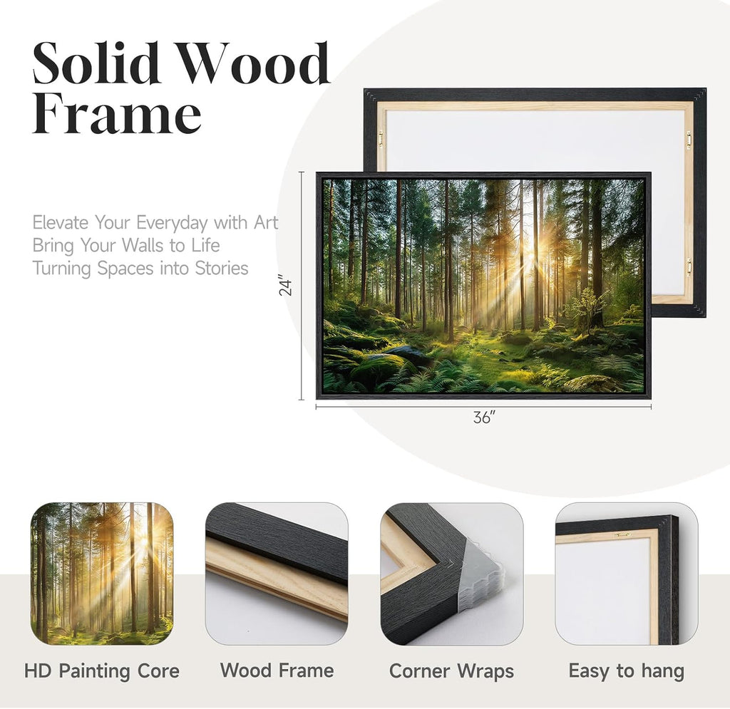 Framed Forest Landscape Wall Art, Horizontal Nature Sunset Canvas Artwork for Walls, Wilderness Scenery Photography