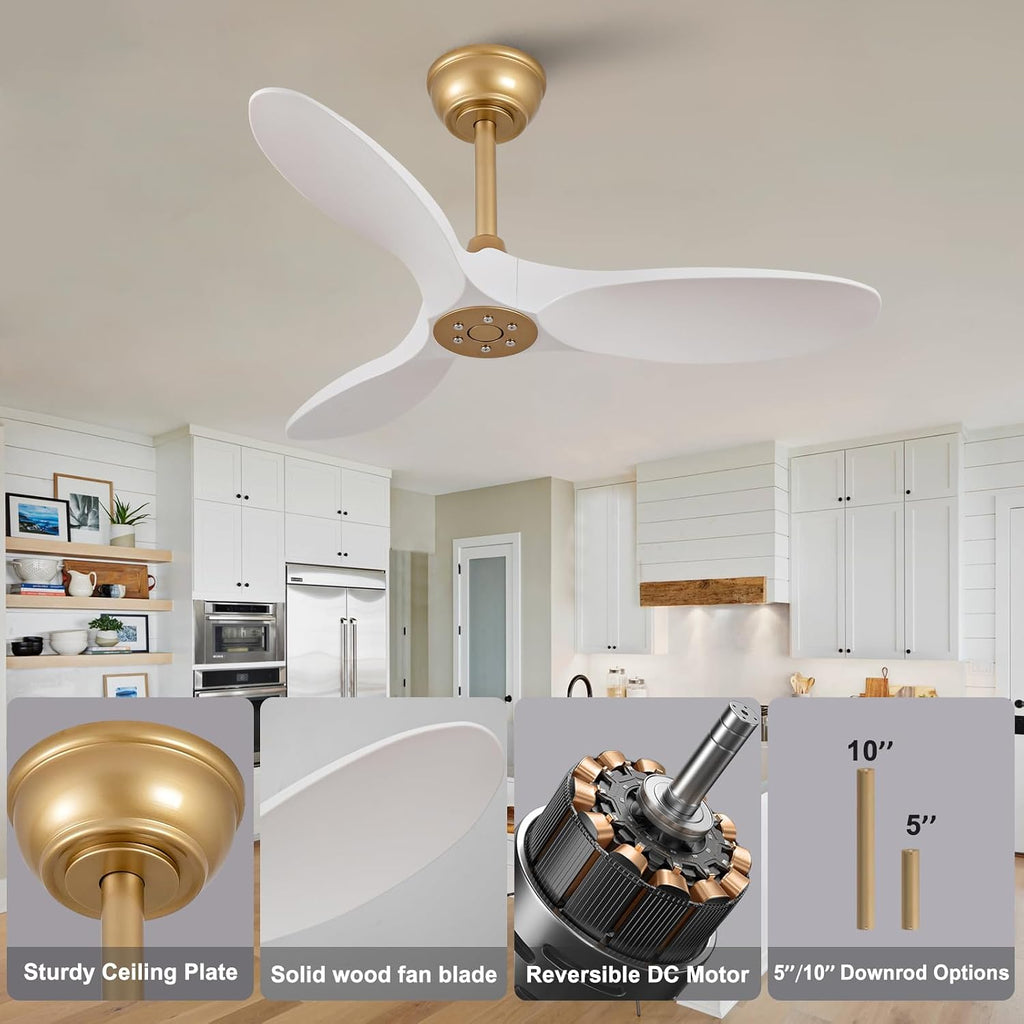 Inspired Maverick Style 36 Inch Solid Wood Ceiling Fan with Remote,White and Gold Ceiling Fan no Light, 6 Speeds, Reversible DC Motor, Modern Ceiling Fans without Lights for Outdoor Indoor Office Farmhouse Patios