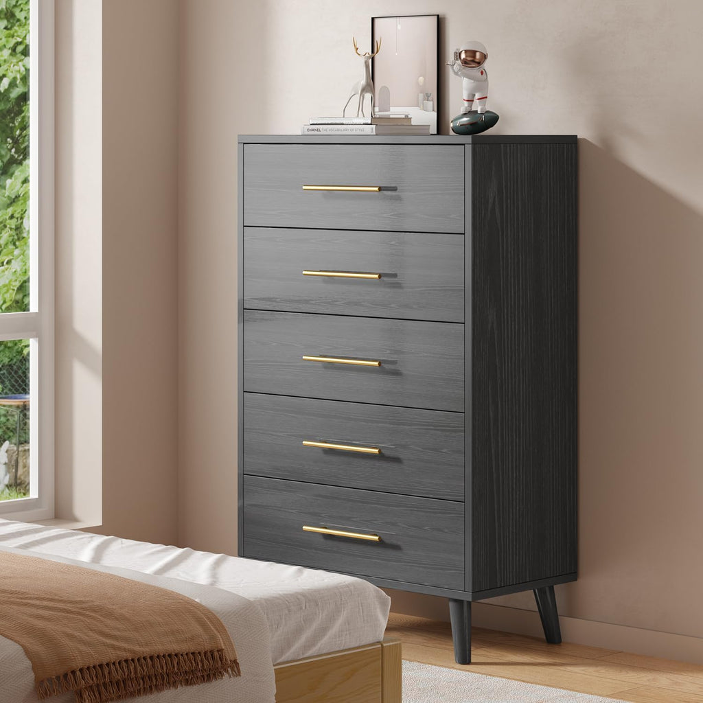 5 Drawer Dresser, Tall Chest of Draawers, Black | Wood Dresser with Metal Handles for Organized Storage Dresser s