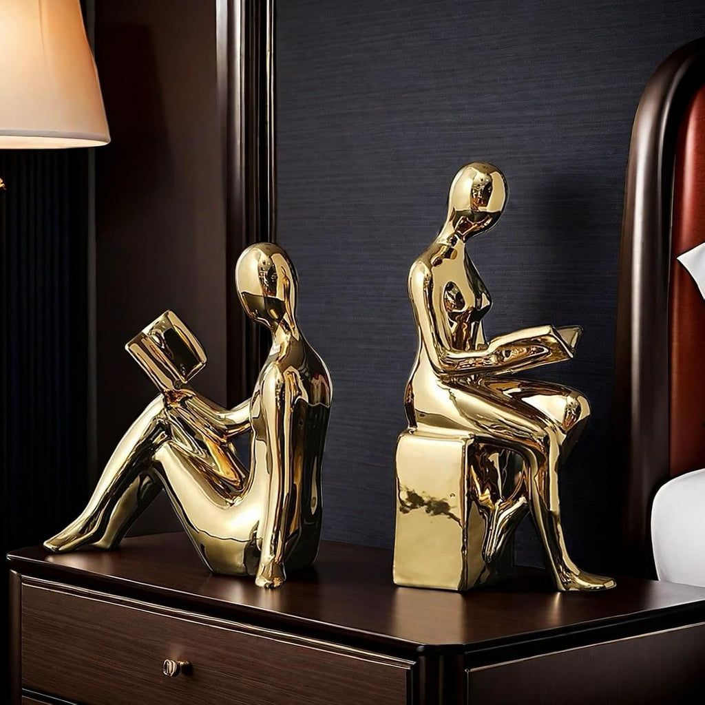Home Decorative Reading Book Statue Bookends Elegant Ceramic Bookshelf Room Office Desk Decor,Paper Weights, Book
