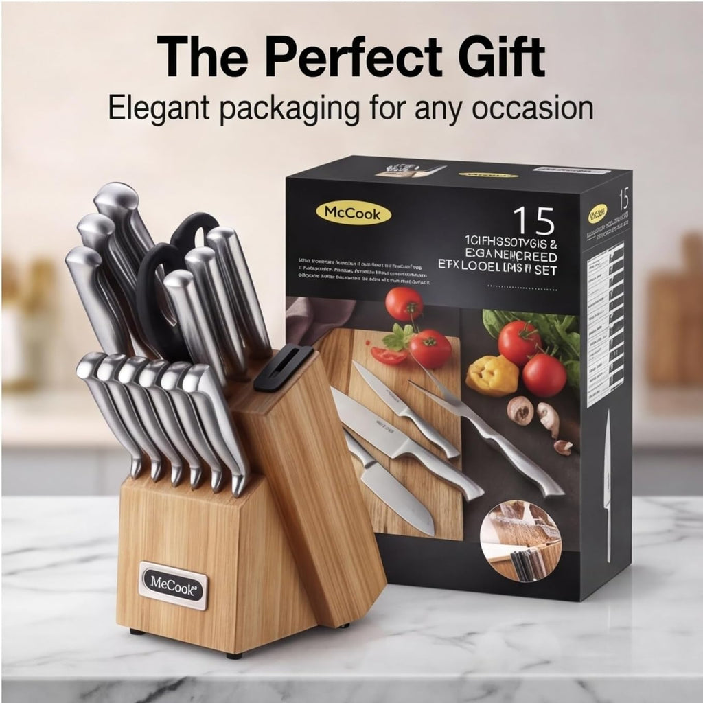 Knife Set Kitchen Steel Knife Block Set w Built-in Sharpener | German Forged Stainless Steel,15 PC,Razor