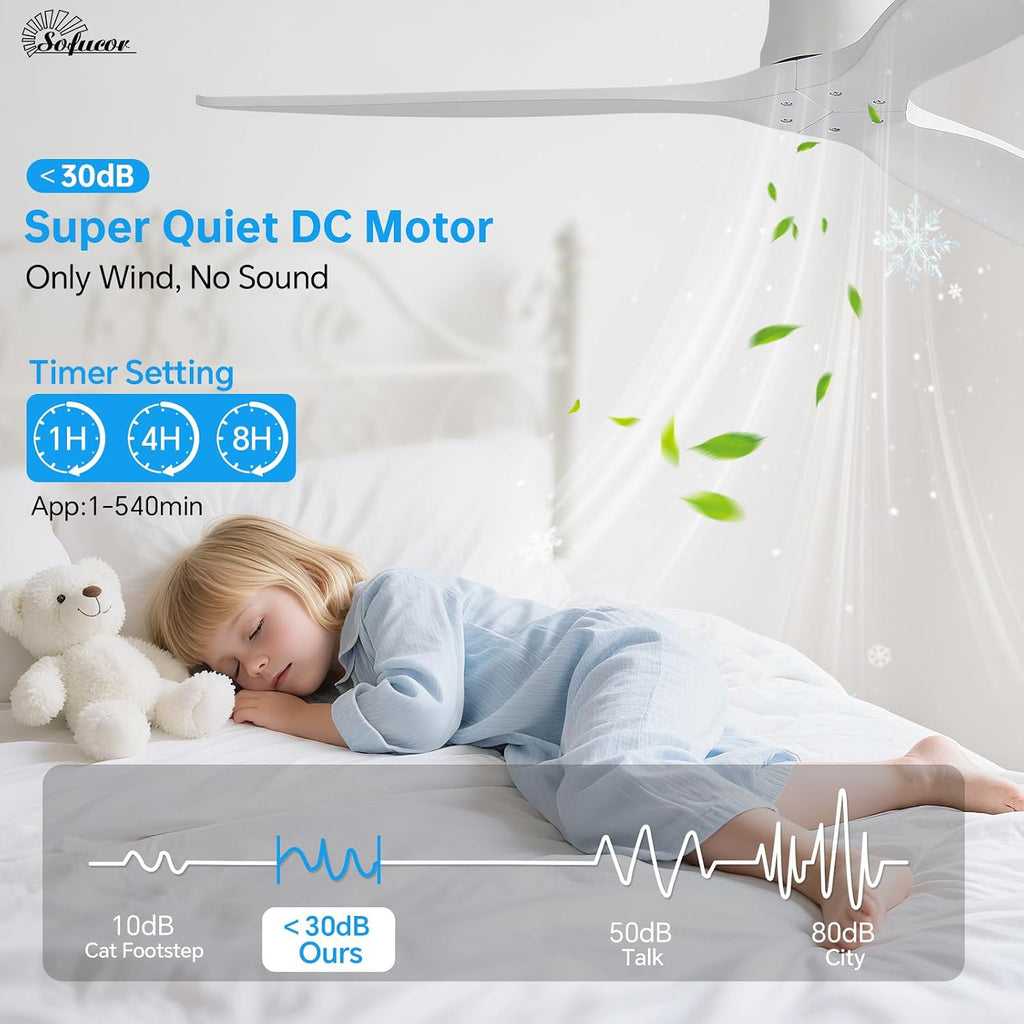 52" Smart Ceiling Fan No Light, Solid Wood Low Profile Ceiling Fan with Remote