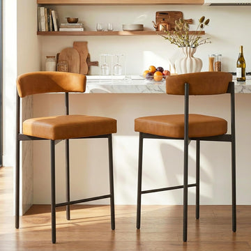 Brown Modern Bar Stools Set of 2, 24 Inch Faux Leather Counter Stools with Curved Backrest, Counter Height Bar Stool
