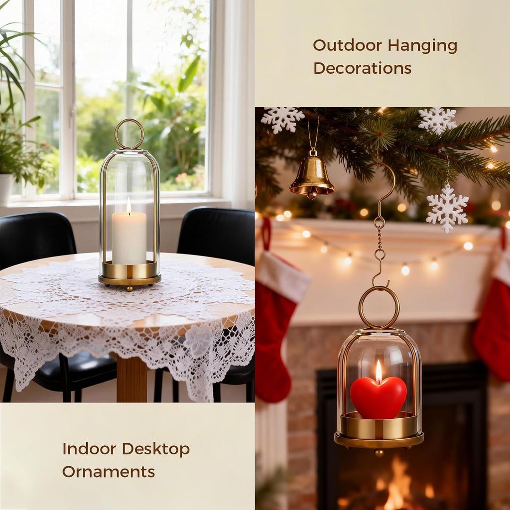 5"&4" Hurricane Glass Candle Holders, Hanging Brass Metal Candle Holder | Glass Candlestick Holders for Pillar