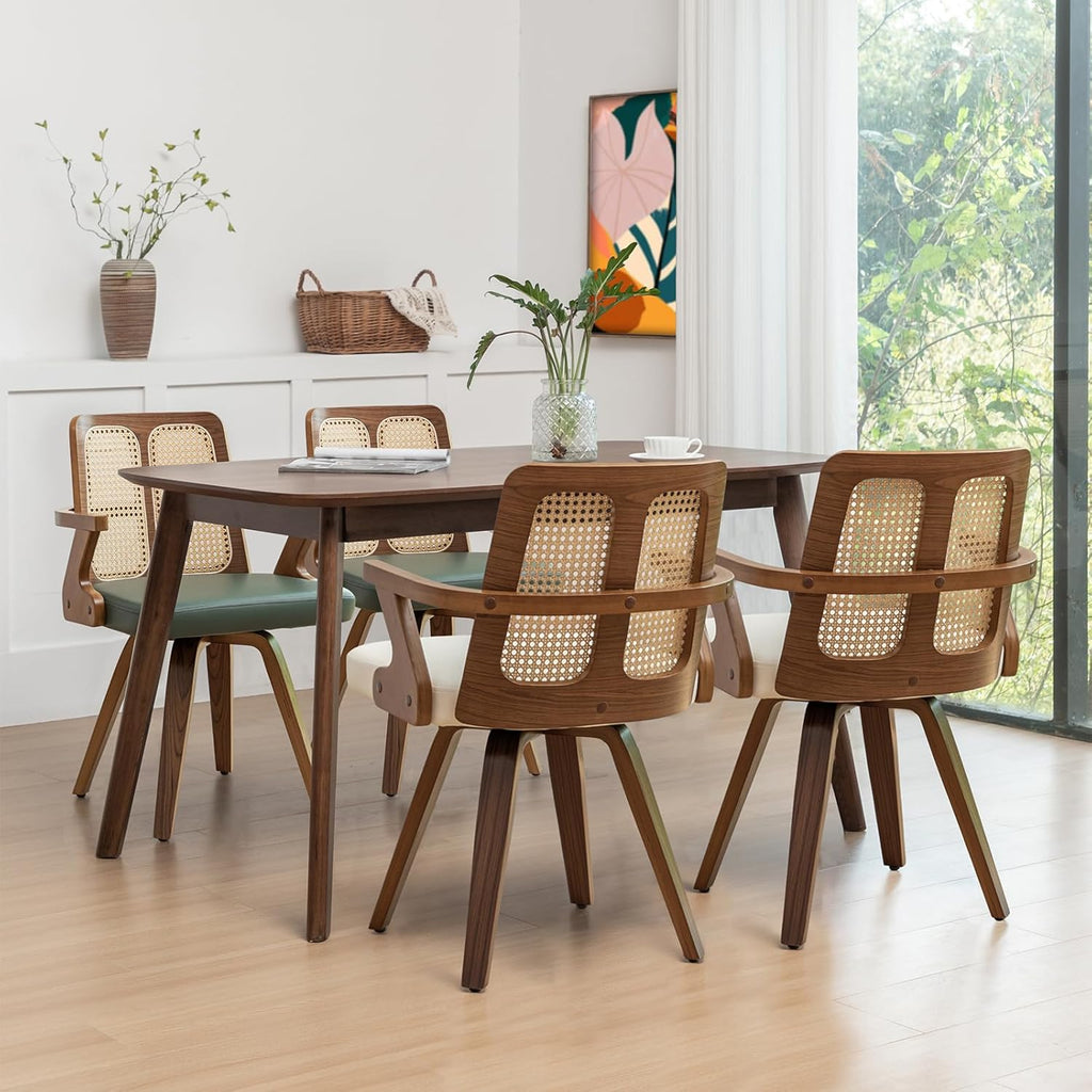 Walnut Dining Chairs - Swivel Rattan Dining Chairs with Bentwood Frame with Ergonomic Cane Back, Curved Arms, MCM