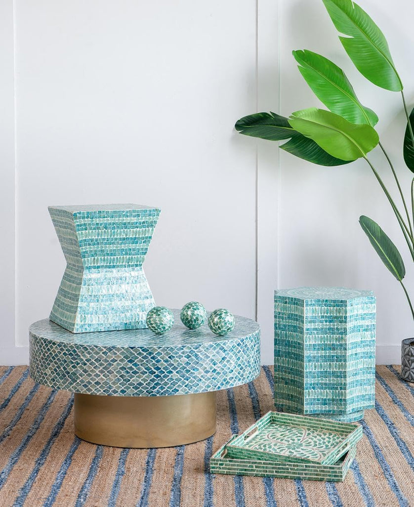 Set of 3 Ceramic and Capiz Decorative Spheres - Handcrafted Green Leaf Mosaic Orbs Decor, Tabletop Accent, Shelf