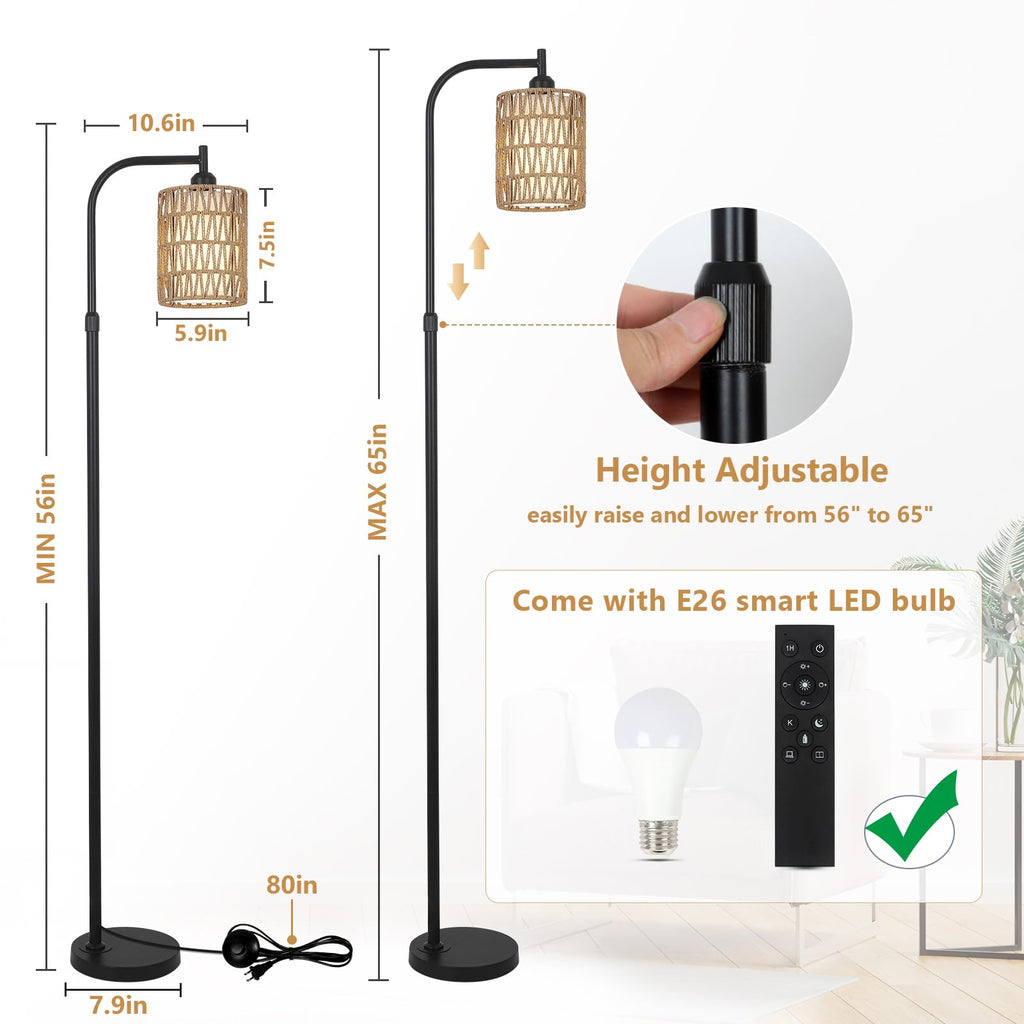 Floor Lamp with Remote, Dimmable Rattan Floor Lamp with LED Bulb, Industrial Black Tall Pole Lamp with Rattan &