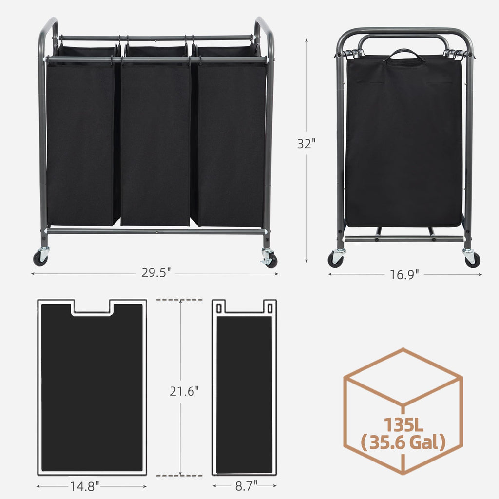 3 Section Laundry Sorter, Laundry Hamper with Wheels, Black