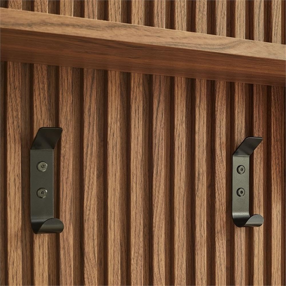 Contemporary Wall-Mounted Fluted Coat Rack Panel, Walnut Finish, 4 Hooks with Shelf, Durable Wood Grain Laminate