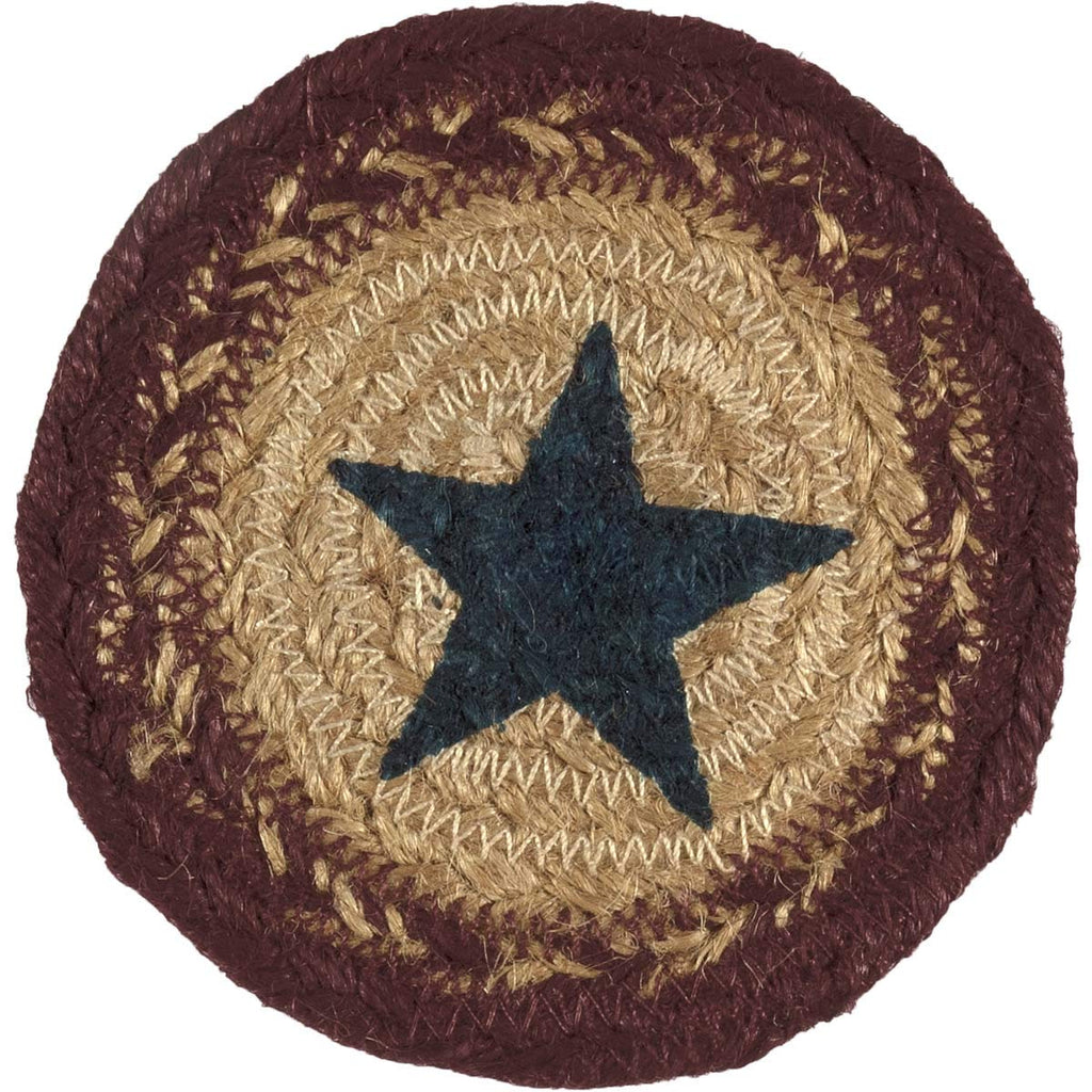Potomac Star Textured Jute Primitive Tabletop Kitchen Stenciled Round Coaster Set of 6, Natural Tan