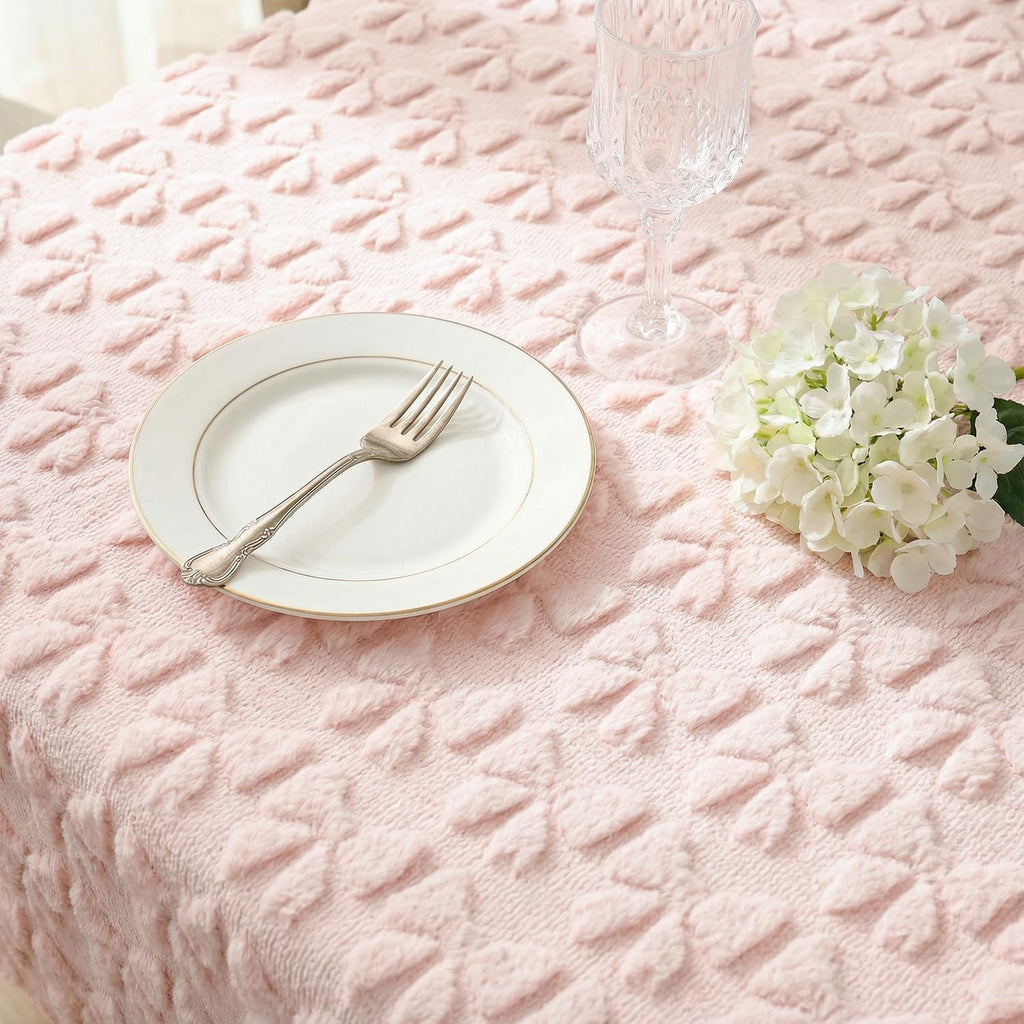 Bow Tablecloth 60×84 Inch Rectangular, Pink Soft Plush Faux Fur Jacquard Bow Table Cover, Seasonal D