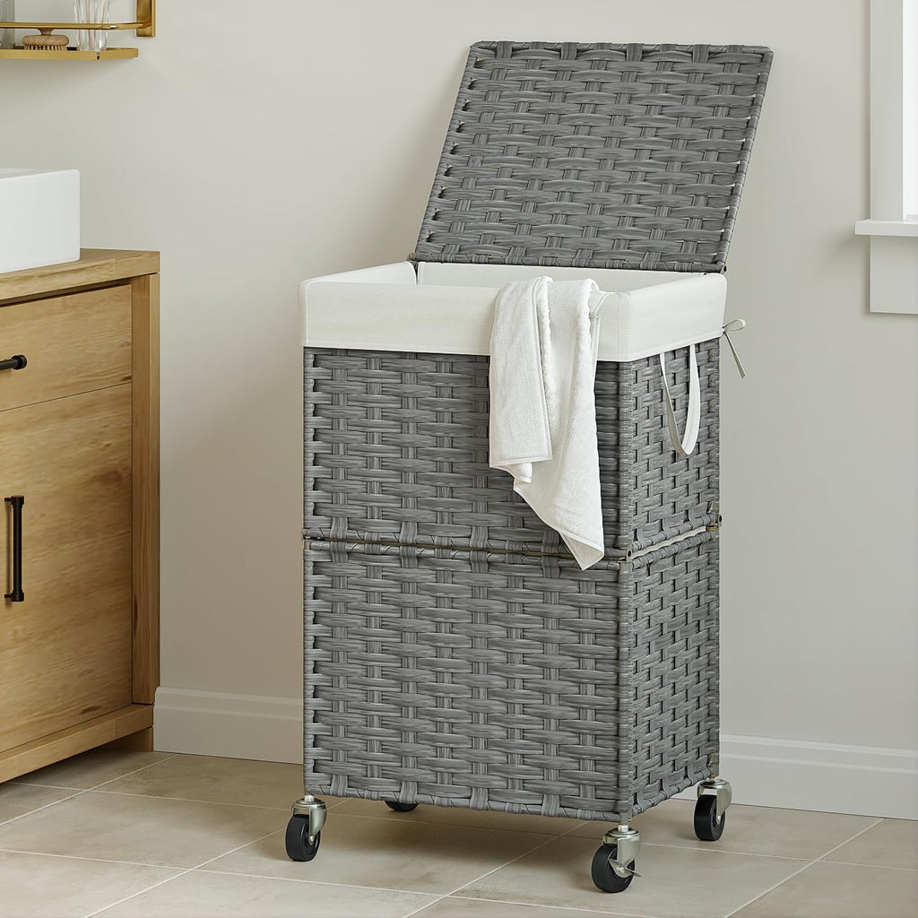 Wicker Laundry Basket with Wheels,Rolling Laundry Hamper with Lid | 90L Slim Clothes Hamper with Wheels & Removable