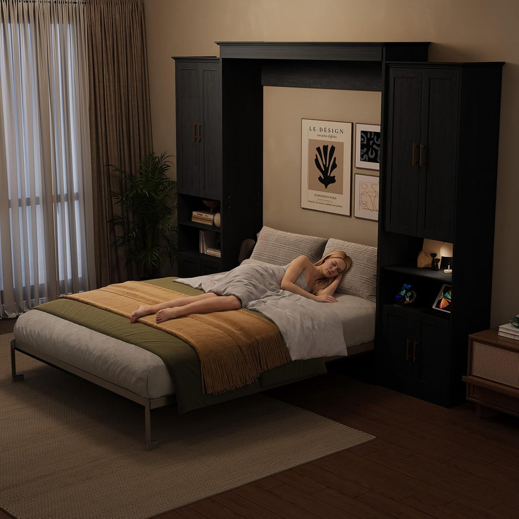 Queen Murphy Bed with 2 Storage Cabinet Shelves, Farmhouse Wood Hidden Foldable Wall Bed Frame, Space Saving Beds