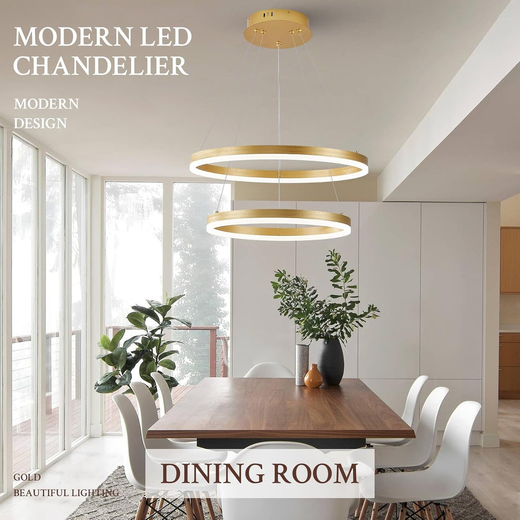 Modern LED Chandelier Gold 2-Rings Pendant Light Circular Flush Mount Ceiling Chandelier Lighting with Remote Control