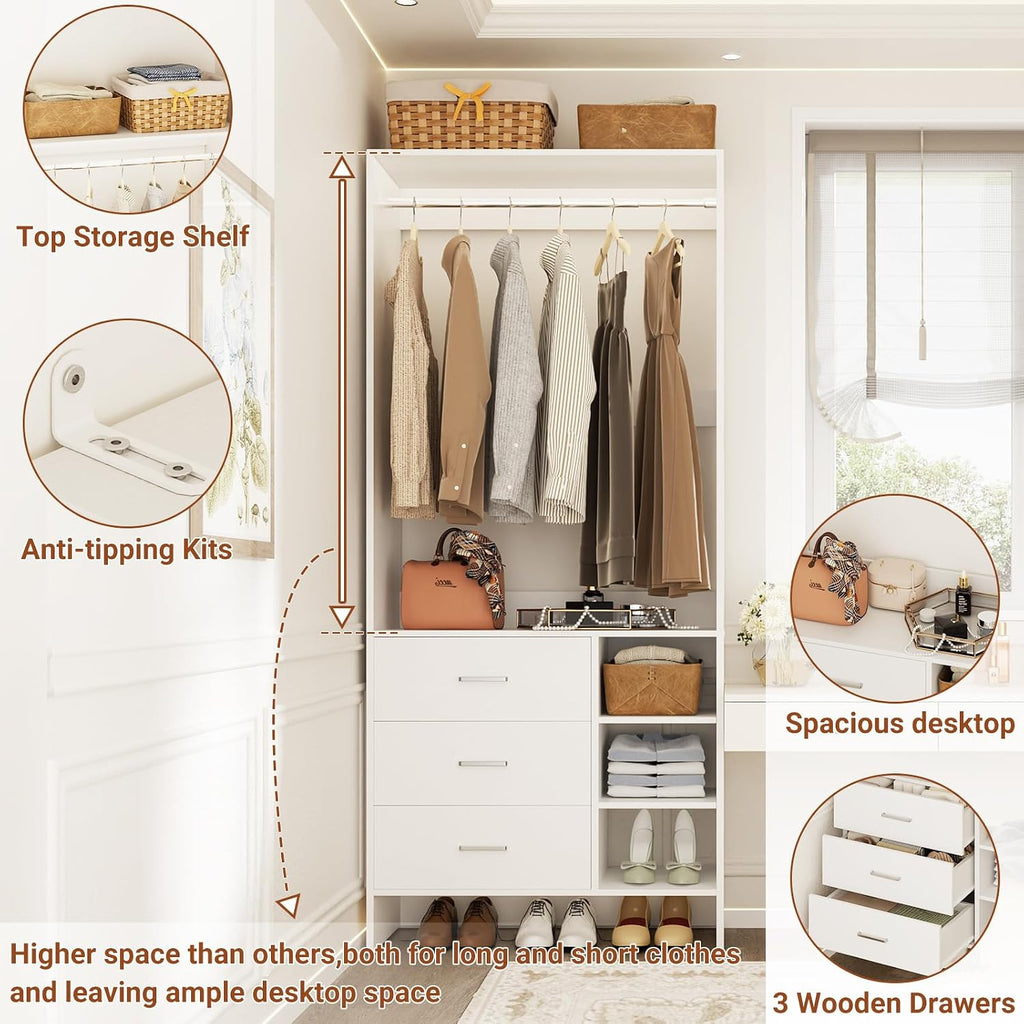 2.5FT Closet System with 3 Drawers, 29.5'' Closet Organizer, Wood Closet Organizer System, Walk-in Closet or Small