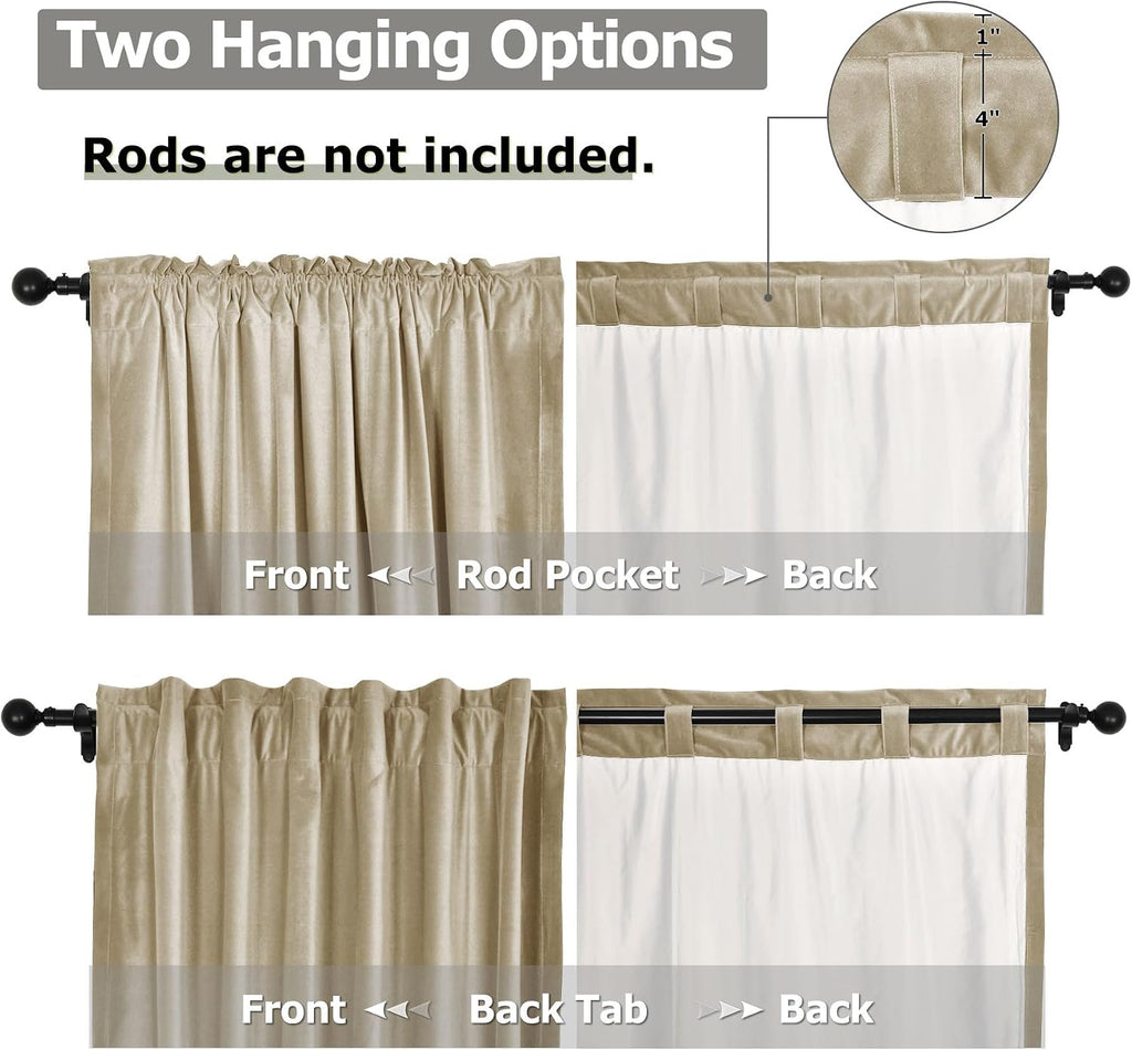 Velvet Curtains with Blackout Lining Indoor Heat Insulated Soft Luxury Back Tab/Rod Pocket 2 in 1