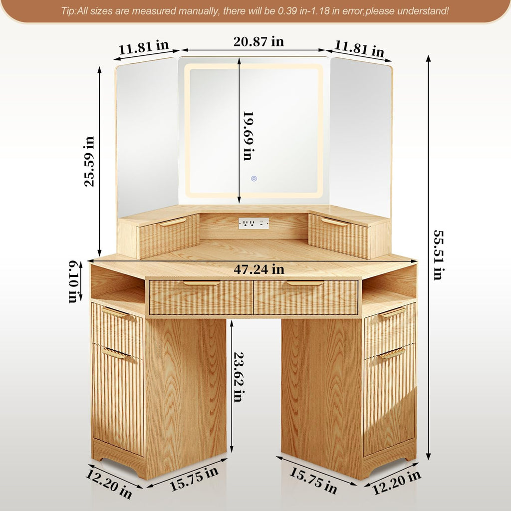Corner Makeup Vanity Desk with 3 Way Mirror and Lights,48" Large Vanity Table with 6 Drawers & Storage Cabinets