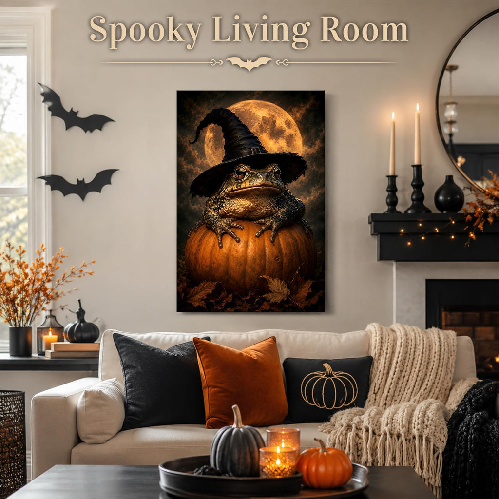 Halloween Frog Witch Canvas Wall Art, Frog on Pumpkin Under Full Moon, Funny Spooky Animal Halloween Decor, Gothic