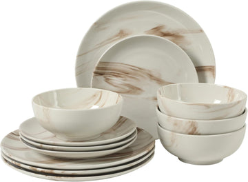 Cloudlight 12 Piece Plates and Bowls Dishes Brown and White - Decorated Porcelain Ceramic Dinnerware Set - Service for 4