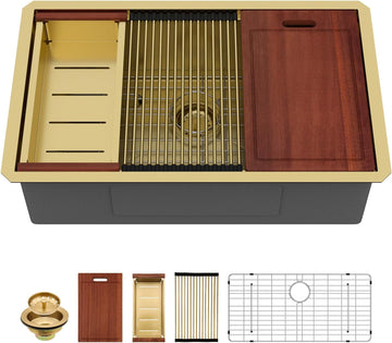 32 Gold Undermount Kitchen Sink 32" x19" Gold Sinks Workstation