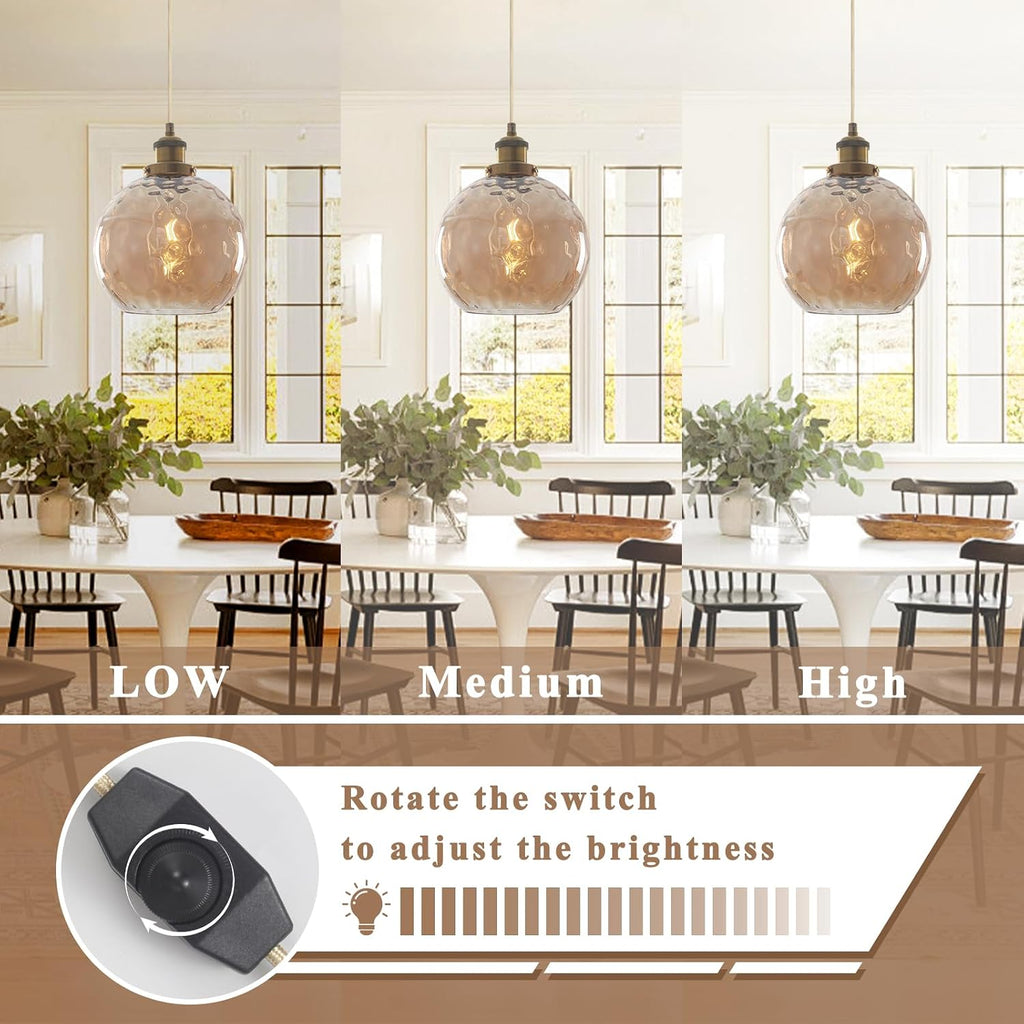 Plug in Pendant Light, Amber Brown Glass Chandelier Hanging Light Fixture for Dining Room