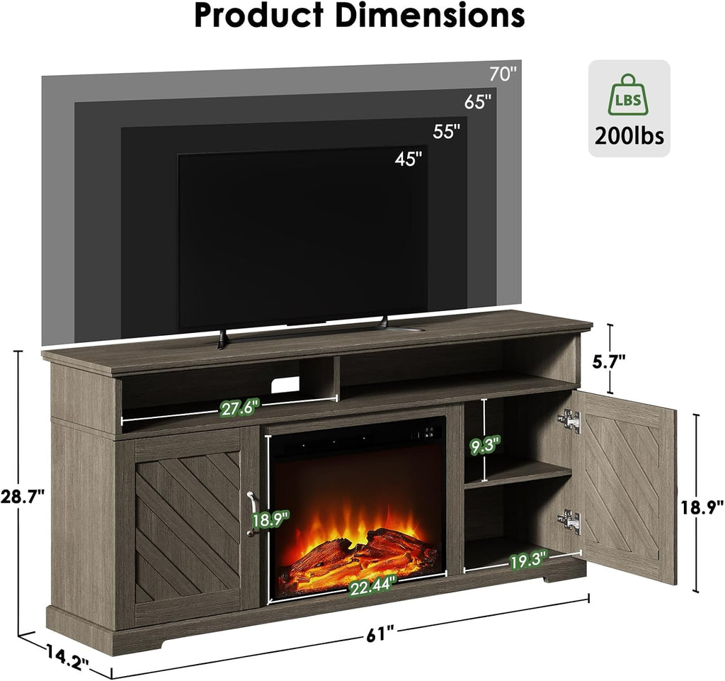Fireplace TV Stand for 70 inch TV, Farmhouse Entertainment Center with Storage, Wood TV Console with Fireplace, TV