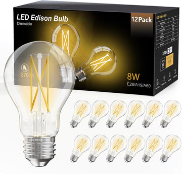 12 Pack A19 Vintage LED Edison Bulbs, Dimmable, 60W Equivalent, High Brightness 2700K Soft White, 8W E26 Standard