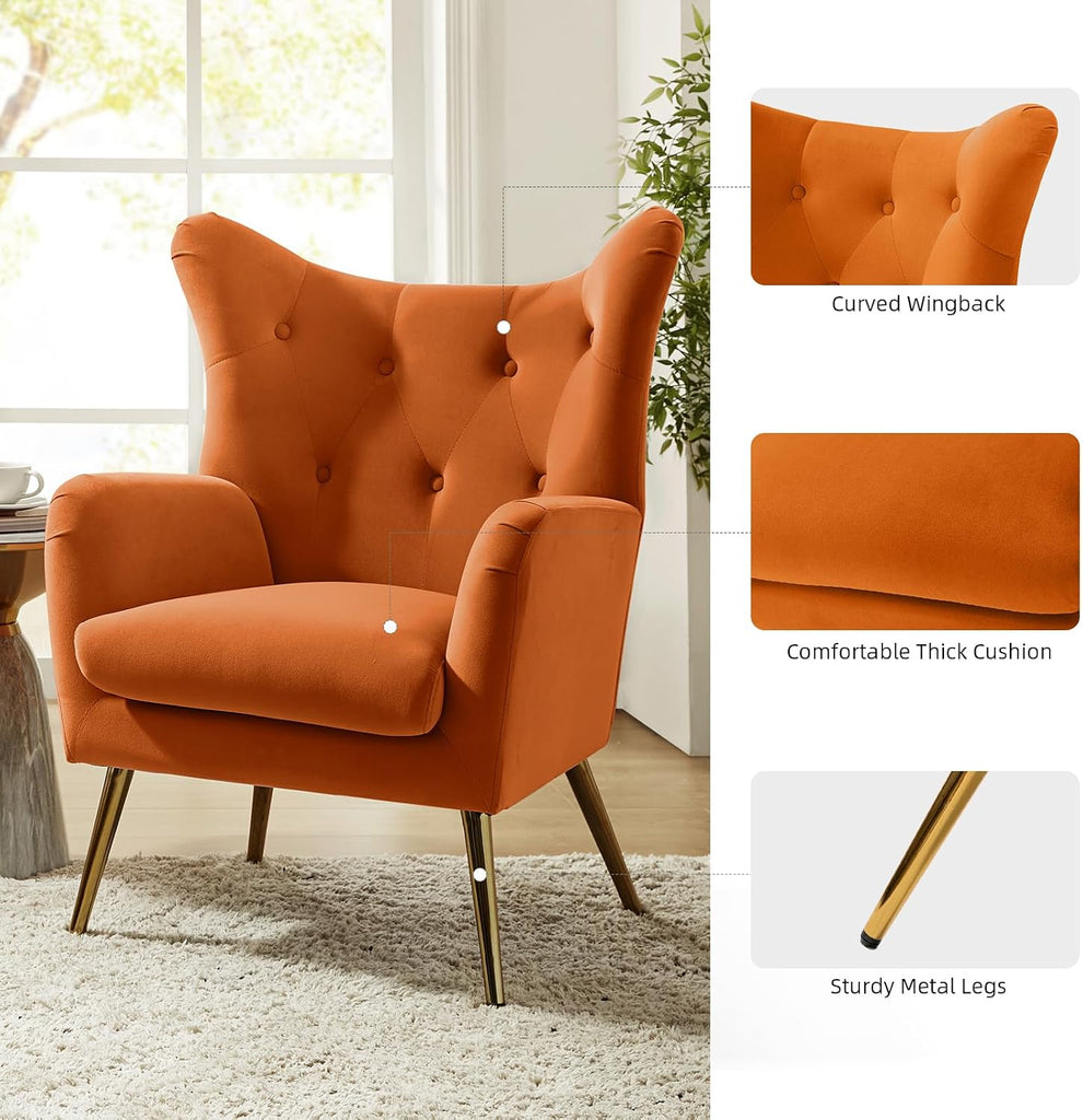 Velvet Tufted Accent Chair, Modern Wingback Arm Chair, Orange | Metal Gold Legs, Wood Frame, Velvet Tufted