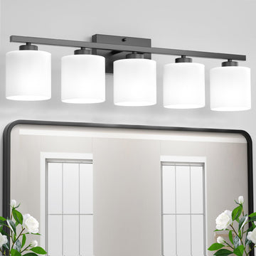 Black Vanity Light, 5-Light Bathroom Light Fixtures, Frosted Shade