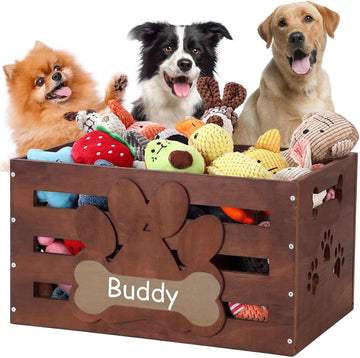 Large Dog Toy Box Wood Storage Box with Handle Label, Dark Brown