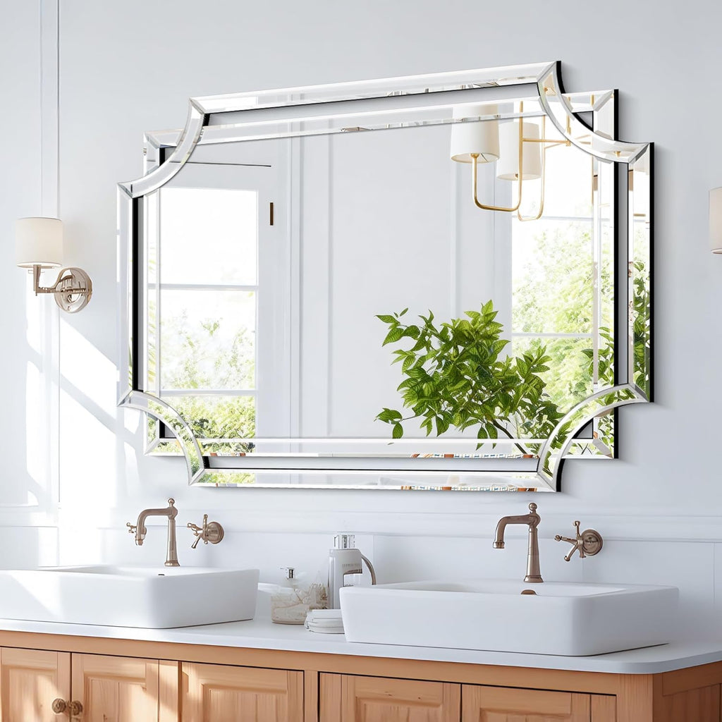 32" x 47" Large Wall Mirror Decor, Modern Unique Decorative Mirror with Beveled Glass Scalloped Corner, Horizontal or