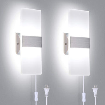 Modern Wall Sconces Set of 2, Wall Sconce Plug in 12W LED 6000K Cool White Acrylic Wall Mounted Light Wall Lights