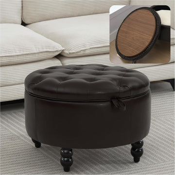 30 Inch PU Leather Round Storage Ottoman with Tray, Modern Upholstered Tufted Coffee Table with Storage, Large