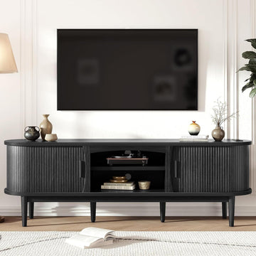 Mid Century TV Stand for TVs up to 80 Inches, Entertainment Center with Storage, Power Outlet, Fluted Sliding Doors & Adjustable Shelves, Modern Media TV Console Table for Living Room (Black)